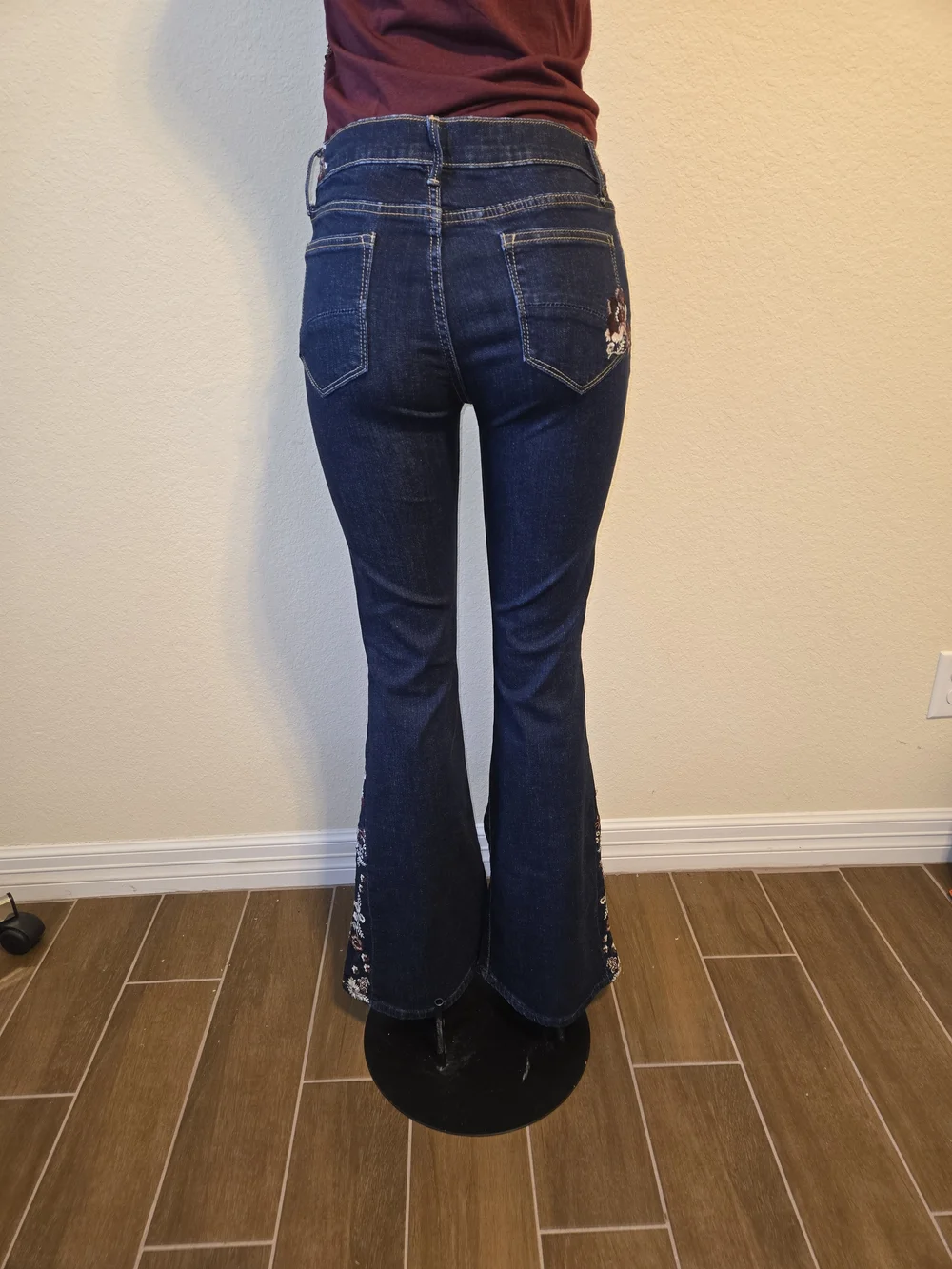 DRIFTWOOD Dark Blue Flare Jeans with Embroidered Panels - Picture 2 of 5